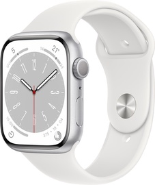 Nutikell Apple Watch Series 8 GPS 45mm Silver Aluminium Case with White Sport Band - Regular, hõbe