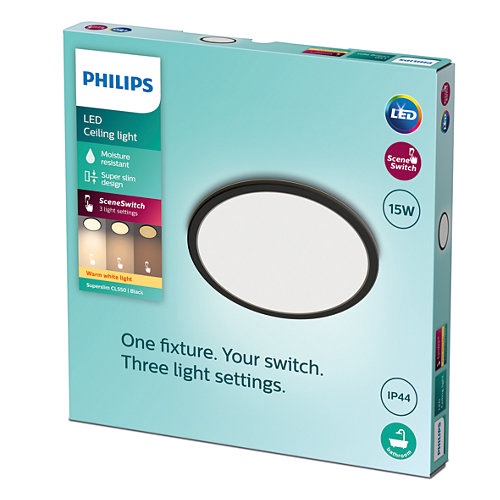 Lampa griesti Philips Superslim, 15W, 2700°K, LED, melna