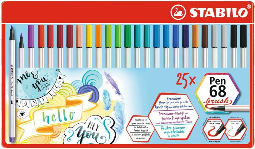 Lodīšu pildspalva Stabilo Pen Brush 68, daudzkrāsains, 25 gab.