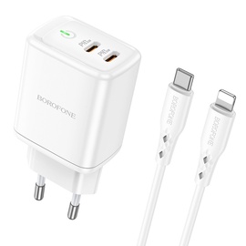 Telefona lādētājs Borofone BN9 2xType-C 35W + Lightning, USB Type-C, balta, 35 W