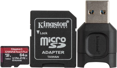 Atmiņas karte Kingston Canvas React Plus 64GB microSDXC UHS-II Class 10 w/Adapters