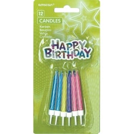 Sünnipäevaküünal Amscan Happy birthday, sinine/roheline/roosa/violetne, 12 tk
