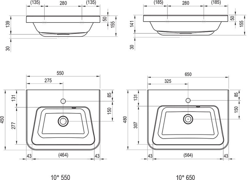 Vannas istabas izlietne Ravak 10°, kompozītmateriāls, 650 mm x 480 mm x 141 mm