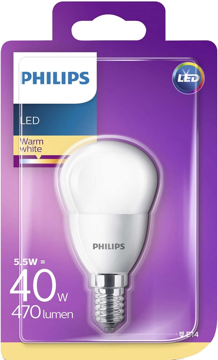 Lemputė Philips LED, A55, šiltai balta, E14, 5.5 W, 470 lm