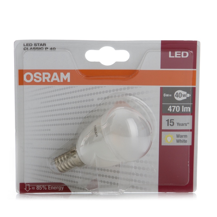Лампочка Osram LED, P45, теплый белый, E14, 6 Вт, 470 лм