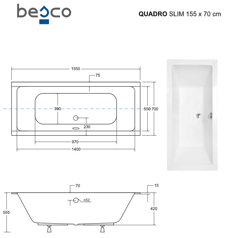 Vonia Besco Quadro Slim 155, 1550 mm x 700 mm x mm, stačiakampis - Senukai.lt