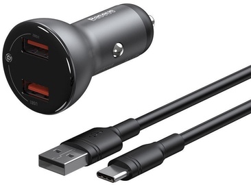 Baseus Dual USB Quick Car Charger 5A + USB-C Cable Gray
