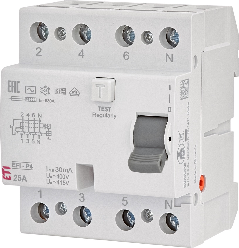 Rikkevoolukaitse ETI EFI-P4, 4P, 25 A, 415 V, 30 mA