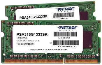 Patriot Mac Series 16GB 1333MHz CL9 DDR3 SODIMM KIT OF 2 PSA316G1333SK