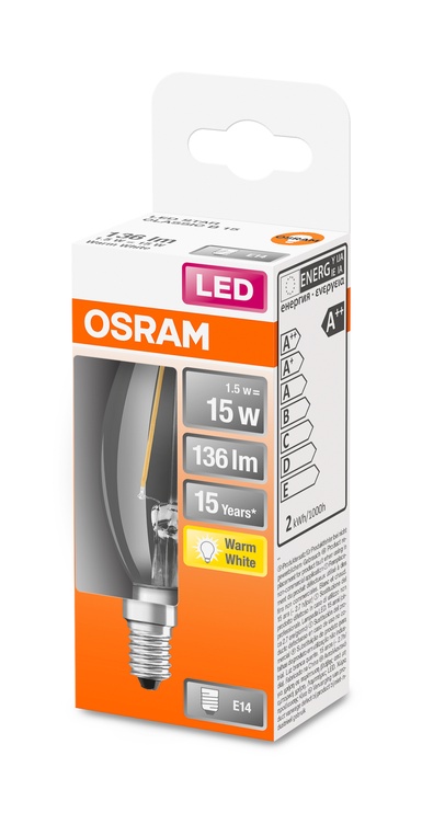 Spuldze Osram LED, B35, silti balta, E14, 1.5 W, 136 lm