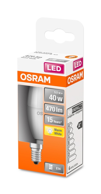 Lambipirn Osram LED, B35, soe valge, E14, 5.5 W, 470 lm
