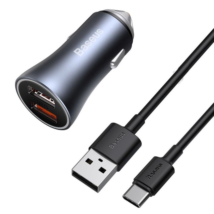 Автомобильное зарядное устройство Baseus, 2 x USB/USB-C, 1 м, серый, 40 Вт