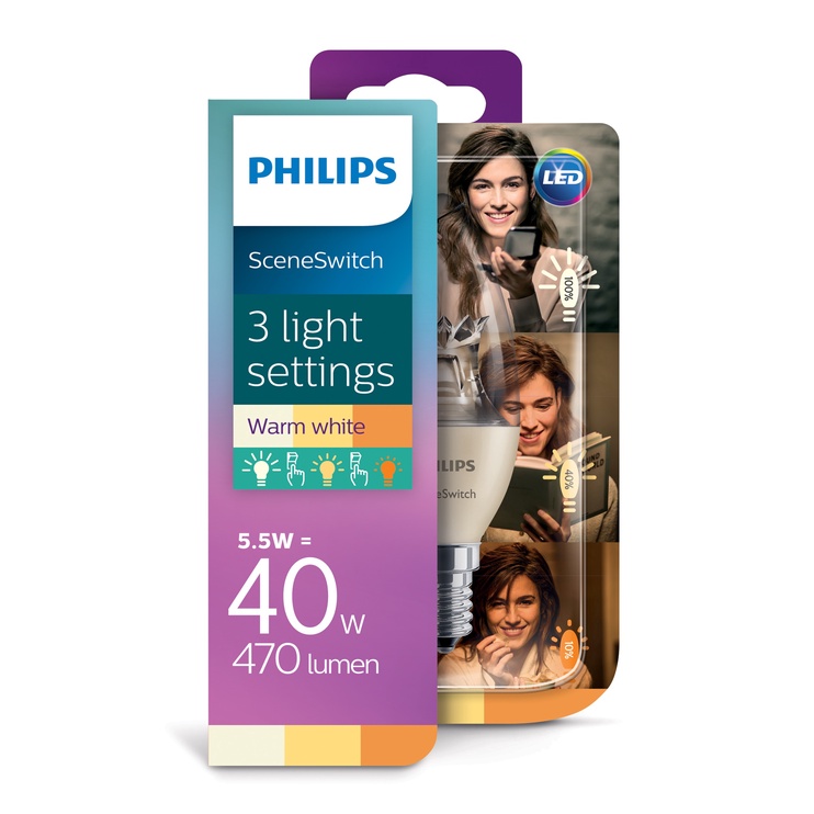 Lemputė Philips LED, B38, šiltai balta, E14, 5.5 W, 470 lm