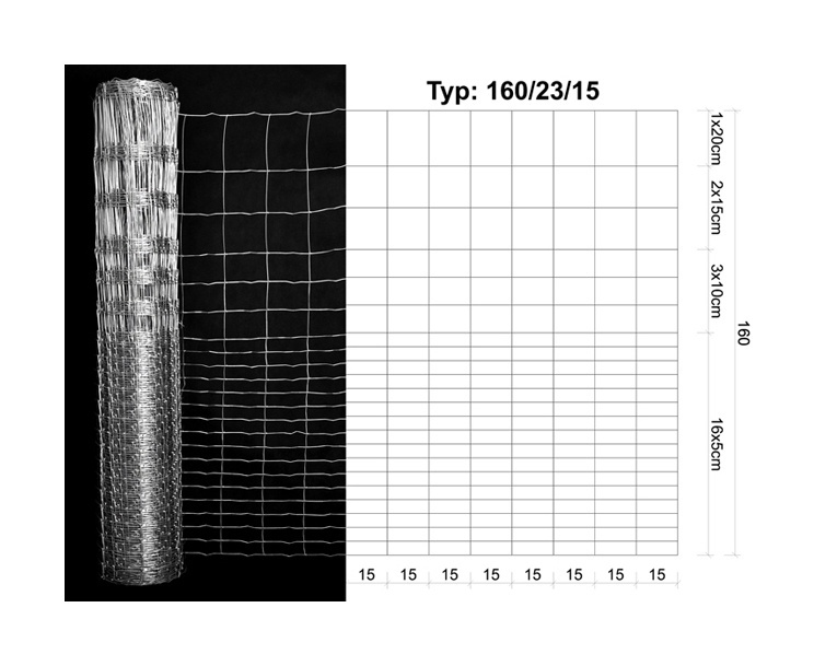 Miškinis tinklas, 150 x 150/200 x 150/100 x 150 x 1.6 - 2 mm, 160 cm, 50 m, cinkuota