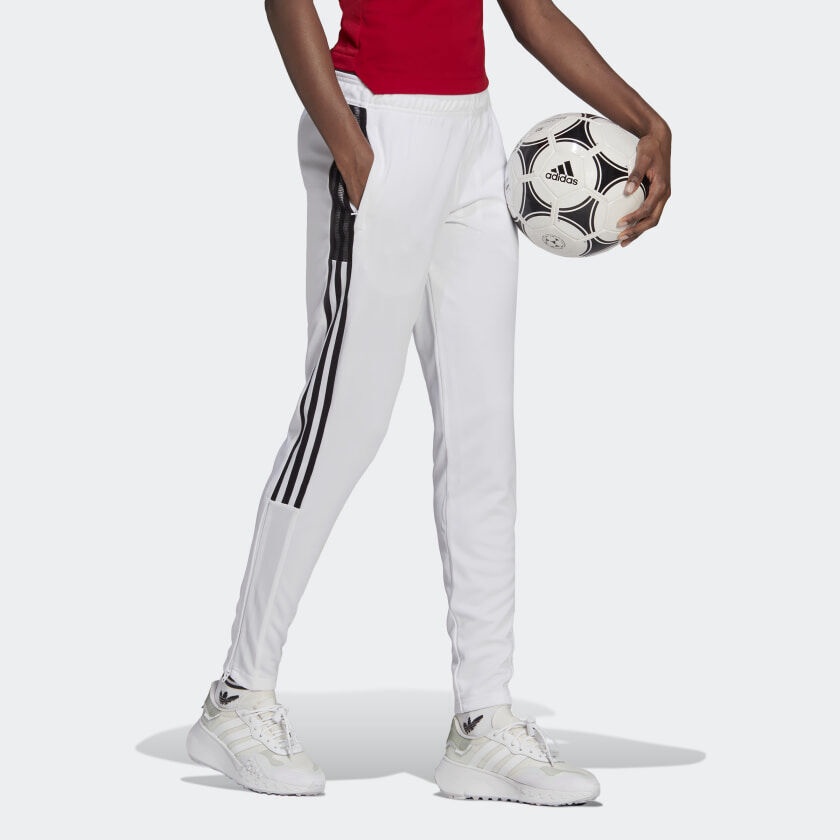 white adidas pants with white stripes