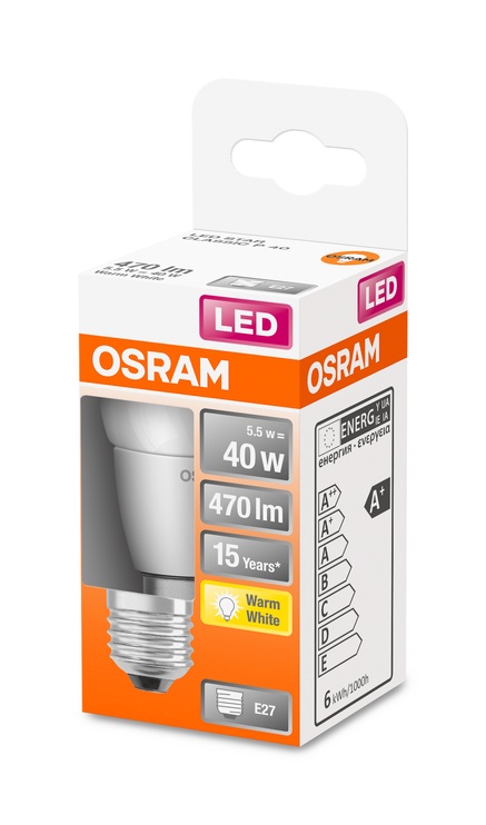 Lambipirn Osram LED, P45, soe valge, E27, 5.5 W, 470 lm