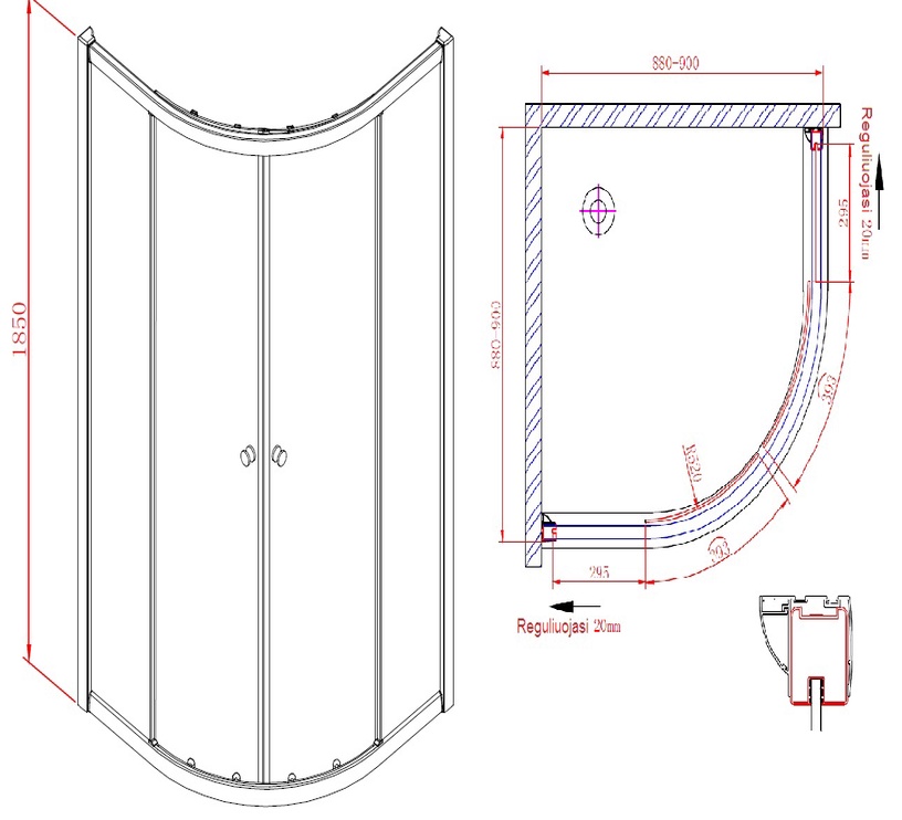 Dušikabiin Masterjero EF409, poolümar, aluseta, 900 mm x 900 mm x 1850 mm