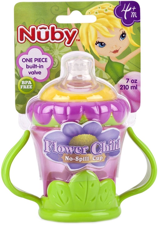 Puodelis su snapeliu Nuby Twin Handle Cup Flower, 210 ml, 6+ mėn., silikonas/polipropilenas (pp), įvairių spalvų