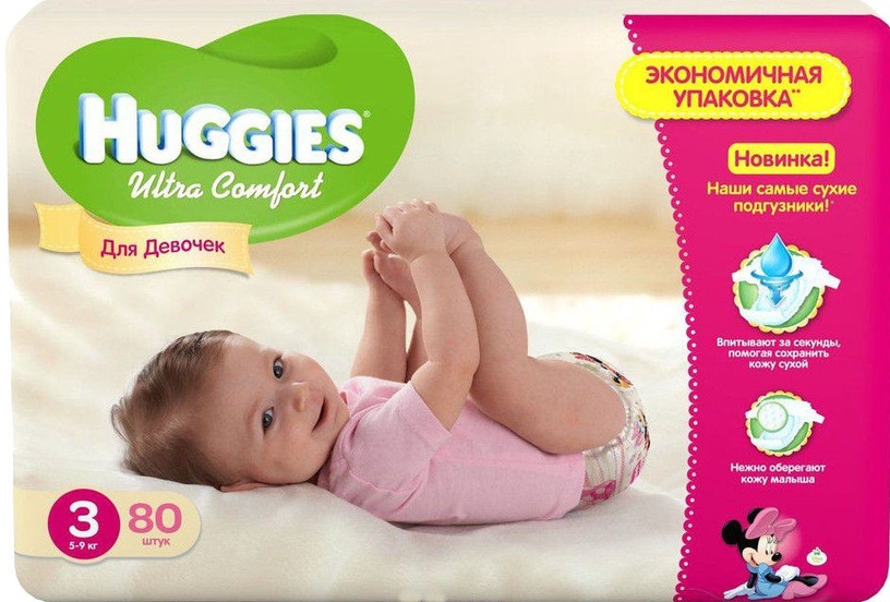 Подгузники Huggies Ultra Comfort Girl, 3 размер, 5 - 9 кг, 80 шт.