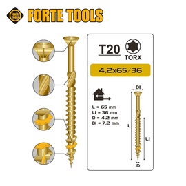 Саморез по дереву Forte Tools Terrace Wood Screws T20 Zn 4.2x65mm 200pcs Yellow