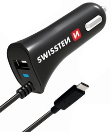 Lādētājs Swissten Premium USB/USB-C Car Charger 100cm Black