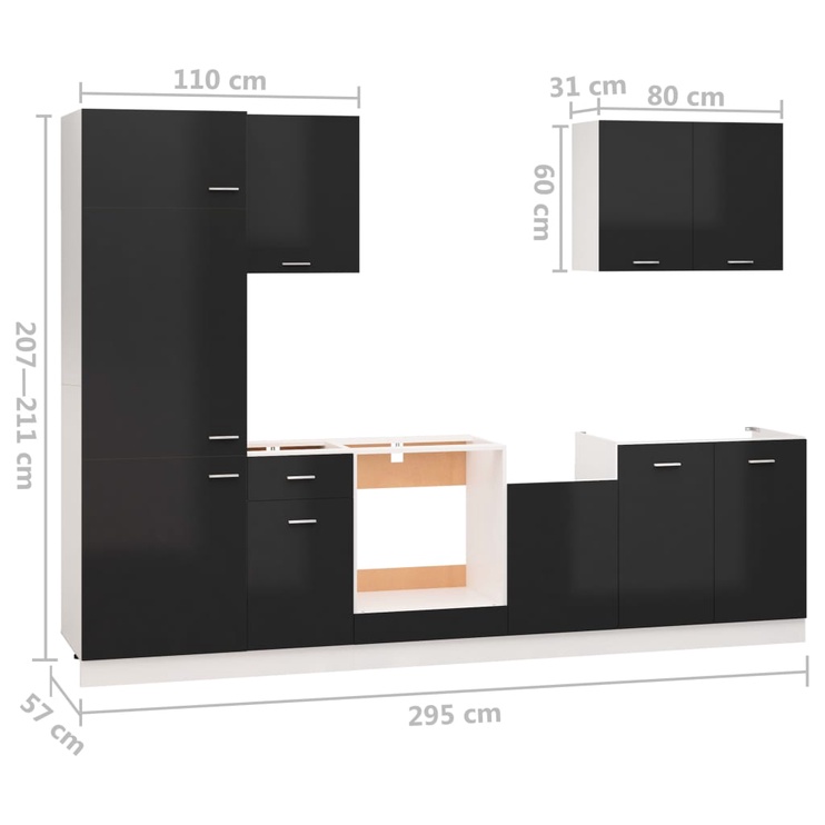 Кухонный гарнитур VLX 7 Piece Set, черный, 2.95 м