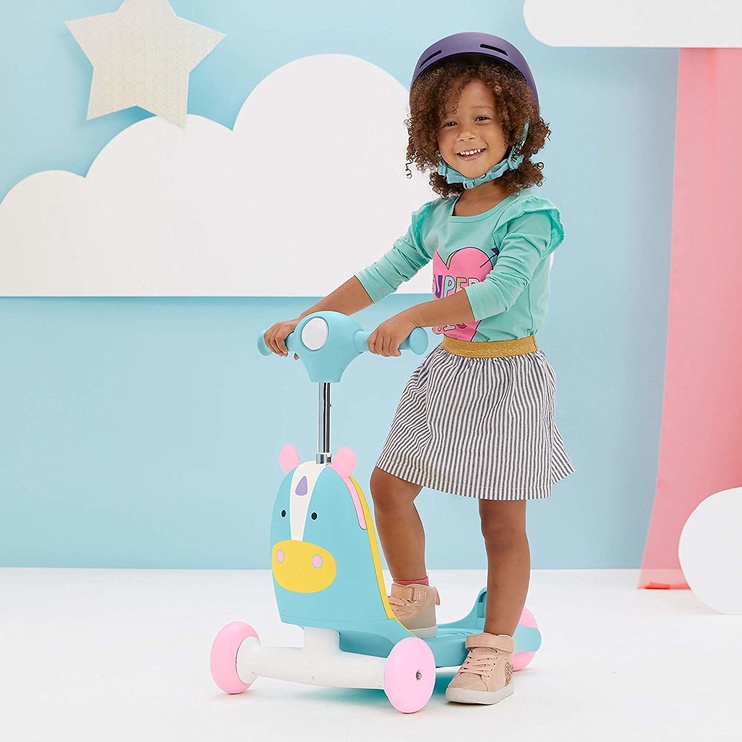 Самокат SkipHop Toy Zoo, синий/белый/желтый/розовый