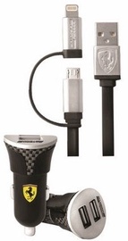 Ferrari Dual USB Car Charger With Micro USB/Apple Lightning Cable Black