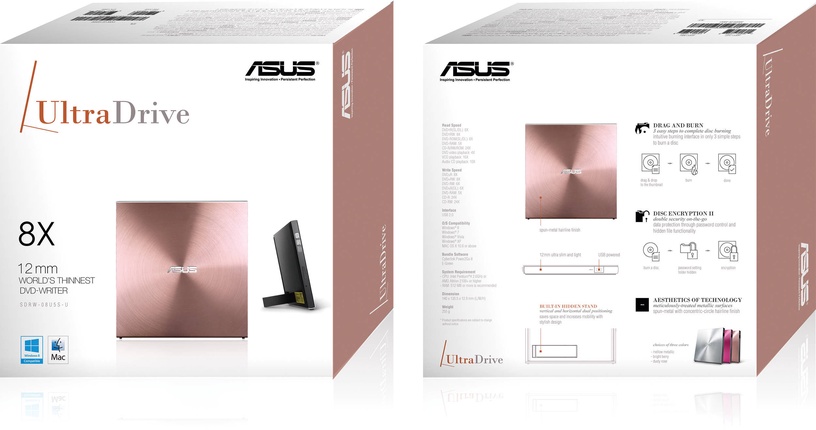 Ārējais optiskais diskdzinis Asus SDRW-08U5S-U/PINK/G/A, rozā
