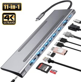Adapteris iClick, HDMI/VGA/Micro SD/RJ-45/USB-C/4 x USB, pelēka