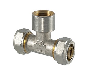 Затяжной тройник TDM Brass 1055, 90 град, 16mm x 1/2", латунь/никель