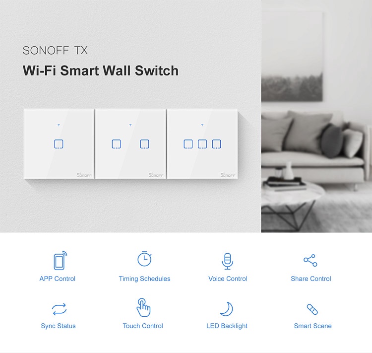 Viedais Wi-Fi un RF sienas sensora slēdzis Sonoff TX T2EU1C