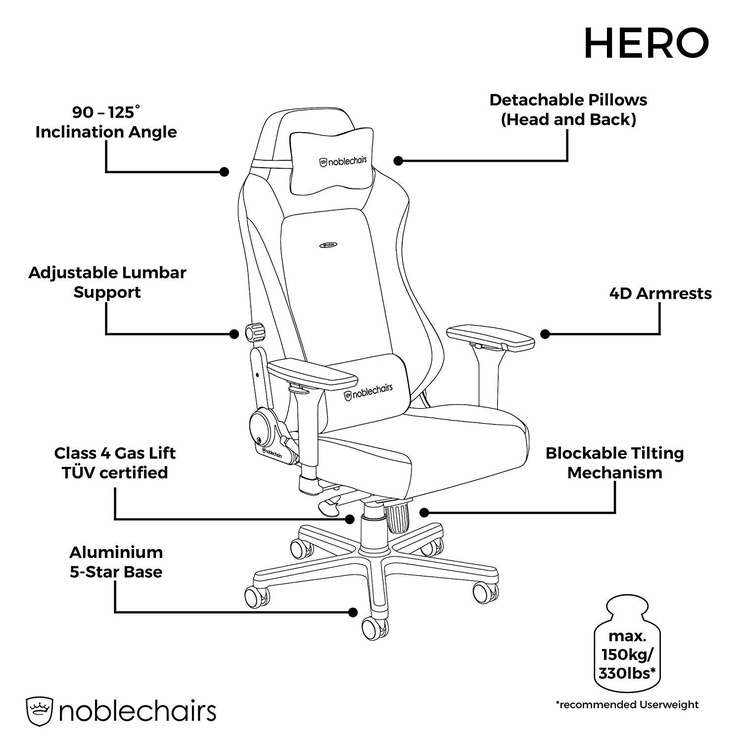 Žaidimų kėdė Noblechairs Hero, balta/juoda