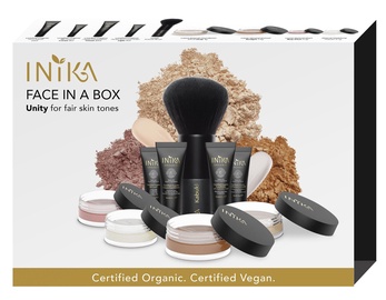 Inika Face In Box Starter Kit Unity Organic Mineral Powder 3g + Liquid Foundation 10ml + Bronzer 3.5g + Primer 10ml + Concealer 4ml + Setting Powder 0.7g + Blush 0.7g + Kabuki Brush + Makeup Bag