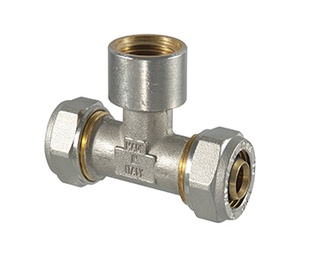 Затяжной тройник TDM Brass 1055, 90 град, 18mm x 1/2", латунь/никель