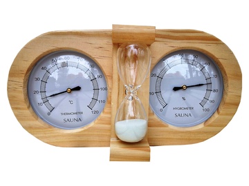 Pirts termometrs ar higrometru un smilšu pulksteni Termohigrometrs, bērza