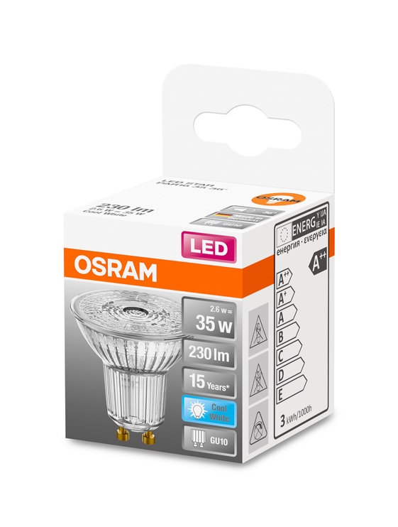 Lambipirn Osram LED, PAR16, külm valge, GU10, 2.6 W, 230 lm