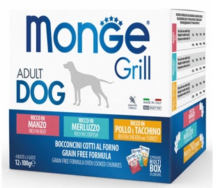 Влажный корм для собак Monge Grill Adult Dog Multipacks, говядина/рыба/курица/индюшатина, 1.2 кг, 12 шт.