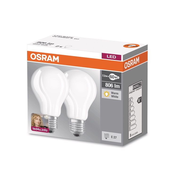 Lambipirn Osram LED, soe valge, E27, 7.2 W, 806 lm, 2 tk