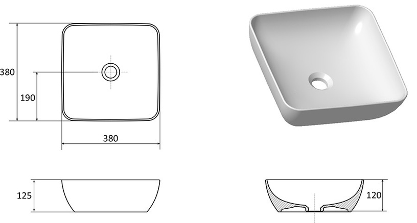 Vannas istabas izlietne Ravak Uni Slim, keramika, 380 mm x 380 mm x 125 mm