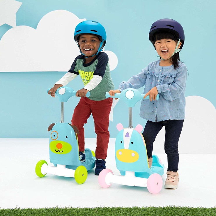 Самокат SkipHop Toy Zoo, синий/белый/желтый/розовый
