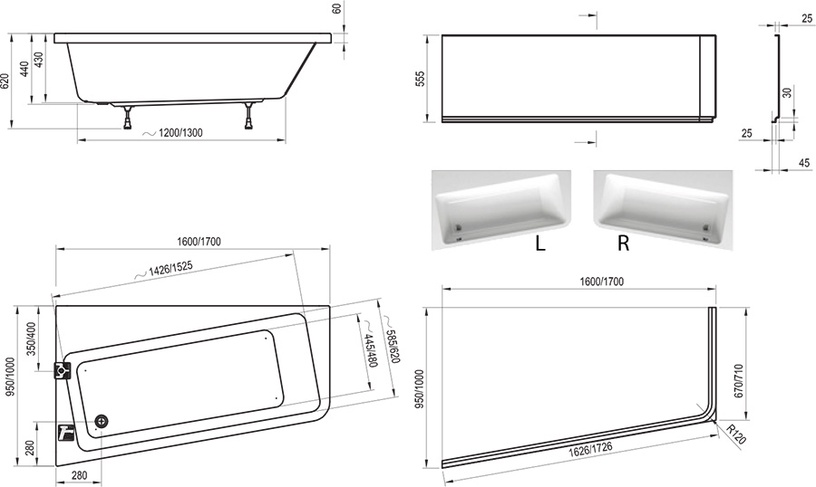Vannas panelis Ravak 10° CZ84100A00, 1626 mm x 670 mm x 555 mm
