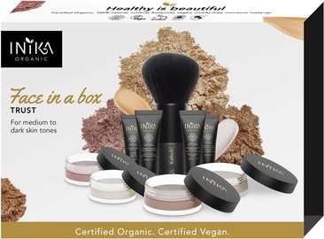 Inika Face In Box Starter Kit Trust Organic Mineral Powder 3g + Liquid Foundation 10ml + Bronzer 3.5g + Primer 10ml + Concealer 4ml + Setting Powder 0.7g + Blush 0.7g + Kabuki Brush + Makeup Bag