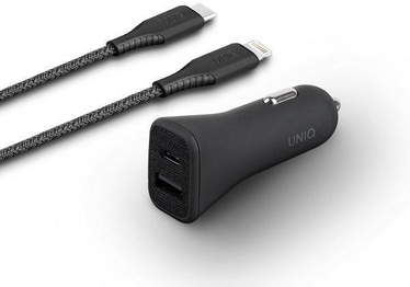 Uniq Votra Duo P30 USB/USB-C Car Charger + USB-C To Apple Lightning Cable Black