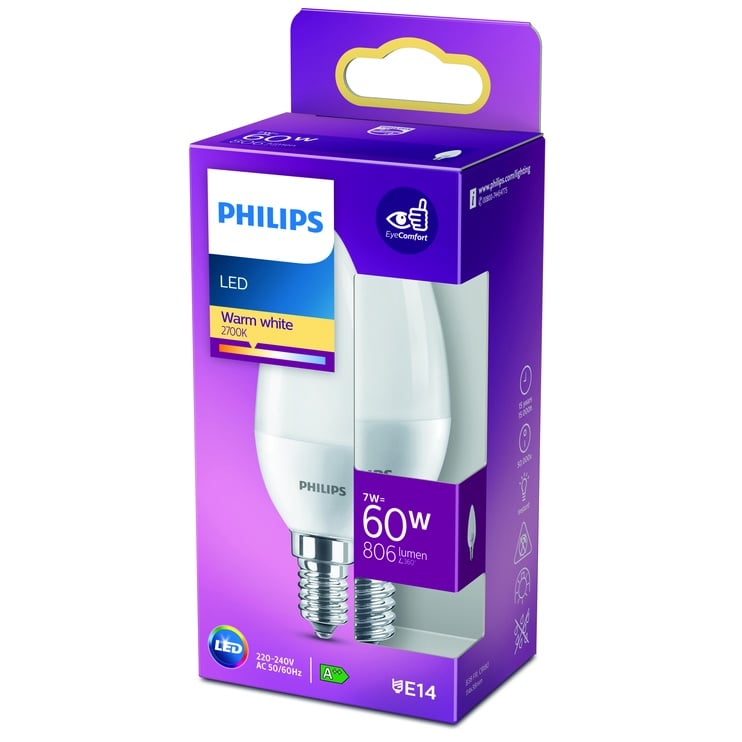 Лампочка Philips LED, теплый белый, E14, 7 Вт, 806 лм