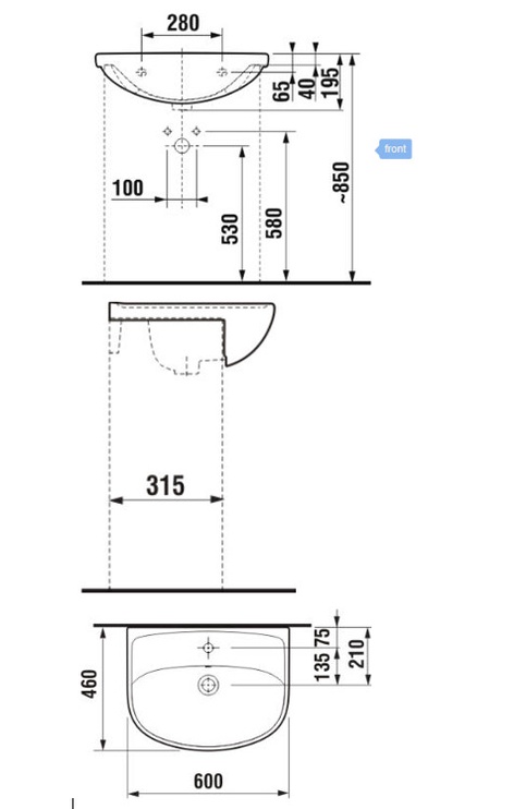 Vannas istabas izlietne Jika Lyra Plus, keramika, 600 mm x 460 mm x 195 mm