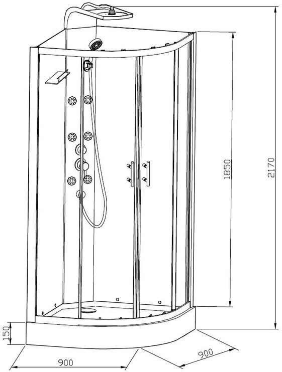 Dušas kabīne Domoletti K1871-1, masāžas, pusapaļā, 900 mm x 900 mm x 2180 mm