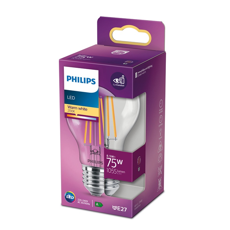 Лампочка Philips LED, теплый белый, E27, 8.5 Вт, 1055 лм