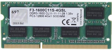 Operatyvioji atmintis (RAM) G.SKILL F3-1600C11S-4GSL, DDR3 (SO-DIMM), 4 GB, 1600 MHz