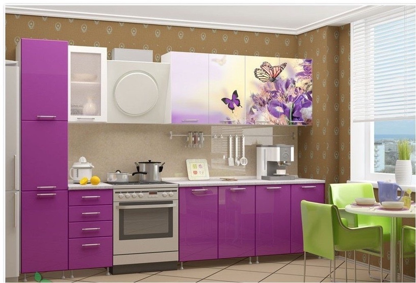 Virtuvės baldų komplektas MN Spring, baltas/violetinis, 2.4 m